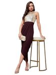 Miss Chase Women's Halter Neck Sleeveless Solid Embellished Midi Dress with Pocket (MCSS24D97-16-184-03, Wine, S)