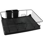 MOUYAT 42x30x13cm Dish Drying Rack, Sink Drainer Rack Tray with Utensil Holder, Black Dish Drainer Rack with Swivelling Drain Spout for Kitchen Counter