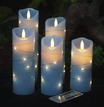 danip LED Flameless Candle with Embedded Star String, 5 Piece LED Candle with 10 Button Remote Control, 24 Hours Timer Function, Dancing Flame, Real Wax, Battery Powered. (Sky Blue)