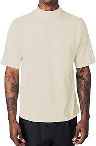 KINGBEGA Men Regular Fit Basic Lightweight Long Sleeve Pullover Top Mock Turtleneck T-Shirt, Beige Short Sleeve, Medium