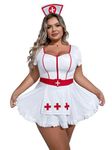 WDIRARA Women's Plus Size Nurse Costume Cosplay Zip Front Halter Lingerie Set with Headband White Red 1XL