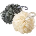 Hydrea London Shower Puffs - Pack of 2 Exfoliating Body Scrubber for Men & Women - Face & Body Cleansing Shower Scrub - Ultra-Soft, Large, & Vegan Bath Scrunchie - Bathing Buffers, Cream & Grey