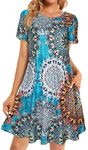 Plus Size Summer Dress for Women Sunflower Casual Swing Short Sleeves Sundresses Pocket (Blue Boho Floral,2XL)