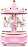 Carousel Music Box - Easy Twist, Pink - 4 Horse Classic Decor, Melody Beethoven's Fur Elise. Fall Asleep to Music Lights or Decorate Your Cake