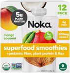 Noka Superfood Fruit Smoothie Pouches, Mango Coconut, Healthy Snacks with Flax Seed, Plant Protein and Prebiotic Fiber, Vegan and Gluten Free Snacks, Organic Squeeze Pouch, 4.22 oz, 12 Count