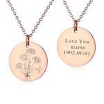 INBLUE Personalized Engraved Birth Flower Disc Necklace for Women Customized Text Stainless Steel Round Pendant Combined Birth Flower Bouquet Necklace Fashion Dainty Jewelry Gift for Birthday - C2