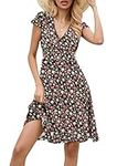 Zeagoo Women's A-line dress, V-neck, floral dress, elegant summer dresses, short sleeve casual dress, jersey dress, knee-length swing stretchy dresses, black, M