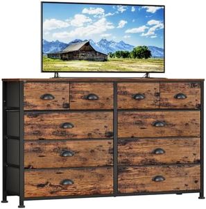 Furnulem 55”Long Wooden Bedroom Dresser TV Stand,10 Storage Organizer Dressers & Chests of Drawers,Sturdy Metal Frame & Wood Top Tall Dresser for Bedroom Closet, Living Room, Entryway, Rustic Brown