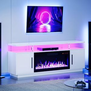 BELLEZE - 70" Fireplace TV Stand for TVs up to 75", LED Light Entertainment Center with 36" Electric Fireplace, Storage Cabinet with USB AC Outlet, Media Console Table for Living Room, Avenue (White)