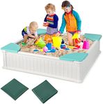 HONEY JOY Sandbox with Cover, 6FT Oval Sand Pit Play Station for Backyard, 4 Built-in Seating & Bottom Drainage Liner, All Weather Resistant Sand Boxes for Kids Outdoor with Lid (Square White)