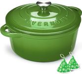 Overmont 5L Enamelled Cast Iron Round Casserole Pot With Lid Cookbook & Cotton Potholders - Non-stick Dutch Oven Cookware for Braising, Stews, Roasting, Bread Baking - Green, 26cm