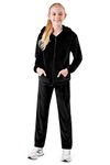 CityComfort Girls Tracksuit Set, 2 Piece Velour Hoodie and Tracksuit Bottoms Lounge Set (Black, 13-14 Years)