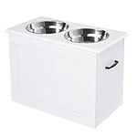 PawHut Raised Dog Bowls, Pet Feeding Storage Station with Two Stainless Steel Bowls, Base, for Large Dogs, White