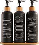 Prus Waso Shampoo and Conditioner Dispenser, Contains Shampoo Conditioner Body Wash Dispenser. Shower Dispenser with Bamboo Pumps & Tray, Perfect for Bathroom Essentials for New Home. (Black)