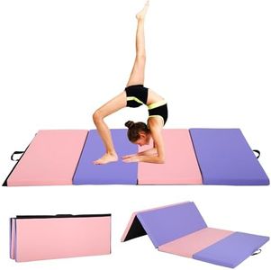 6'x 4' Gymnastics Mat for Tumbling, Folding Tumbling Mat Exercise Mat Gym Mat Tumbling Mats for Kids, Adults, PU Leather Yoga Mat with Carrying Handles, Cream