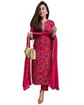 GoSriKi Women's Rayon Blend Straight Printed Kurta with Pant & Dupatta (TURAE Rani-GS_L_Pink_Large)