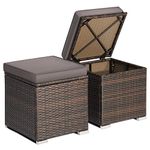 RELAX4LIFE 2-Piece Wicker Outdoor Ottomans for Patio, Set of 2 Rattan Foot Stool with Storage & Removable Cushions, Multifunctional Outdoor Side Table, Additional Seating and Footrest (Gray)