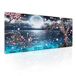 Pink Cherry Blossom Gaming Mouse Pad XL Sakura Tree Blue Ocean Moon Night Extended Big Large Desk Mat Non-Slip Rubber Base Stitched Edge Long Keyboard Mousepad for PC Computer laptop,31.5×11.8 in