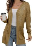 GRECERELLE Lightweight Long Sleeve Open Front Cardigan Loose Soft Drape Crochet Sweater Sun Protection Cover Up(Khaki, Small)