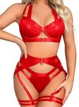 Alrovetoney Sexy Naughty Lingerie Set with Underwire Push Up Garter Belt Lingerie Set Bra and Panty 18 Pieces Red M