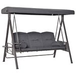 Outsunny 3 Seater Garden Swing Chair Outdoor Hammock Bench w/Adjustable Canopy, Cushions and Cup Trays, Brown Steel Frame, Dark Grey Fabric