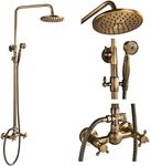 NeierThodore Antique Brass Bathroom Shower Faucet System Set 8 Inch Rainfall Shower Head Handheld Spray 2 Knobs Mixing