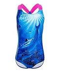 iDrawl One Piece Bathing Suit for Girls Sea World Theme Dolphins Pattern UPF 50+ Swimming Costume for Age 10 to 11