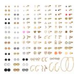BESTEEL 93 Pairs Assorted Multiple Stud Earrings Set for Women Simple Faux Pearl Hoop Earrings Bar Moon Star CZ Stud Earring Jewelry, Gold