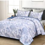 WONGS BEDDING Blue Quilt Set King Size, 3 Pieces Botanical Bedspreads Set Lightweight Microfiber Blue Plants Pattern Coverlet Home Decor for All Seasons(104"×90")