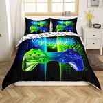 Loussiesd Kids Gaming Bedding Duvet Cover Boys Gamepad Video Game Comforter Cover Teens Bedroom Decor Microfiber Soft Modern Game Controller Games Duvet Cover Gradient Blue Green Bedspread,Double