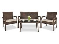 DEVOKO Outdoor Patio Furniture 4-Piece Waterproof Outdoor Sofa with Washable Cushion and Center Table, Scratch-Proof Wicker for Outdoor Garden Balcony Backyard (Dark Brown & Cream)