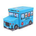 Inditradition Foldable Storage Box with Lid Cum Stool for Kids (School Bus Shape, Hard Cardboard, Blue)