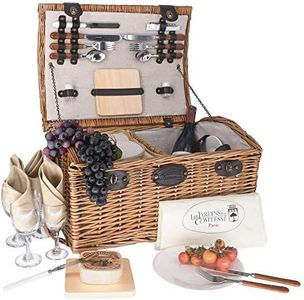 Les Jardins de la Comtesse - Cestino da Picnic Gisors di Vimini - 4 Persone -Scompartimento Isotermico - Piatti in Ceramica e Bicchieri da Vino in Cristallo - Tessuto Colore Crema - 48 x 36 x 27 cm
