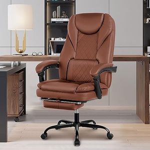 Guessky Executive Office Chair, Leather Reclining Chair with Foot Rest High Back Home Office Desk Chair Big and Tall Office Chair with Lumbar Support Ergonomic Office Chair with Padded Armrests(Brown)