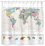 Sunlit Map of The World Shower Curtain with Detailed Major Cities. PVC Free, Non-Toxic and Water Repellent Fabric Shower Curtain, Bathroom Decor Tapestry, (71x71)