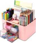 KAHEIGN Desk Organiser with 2 Drawers, 19CM x 14CM Multi-Functional Desk Tidy Organiser Large Capacity Pen Holder Makeup Organizer for Kids Teacher Gift Office School Home Table Decor (Pink)