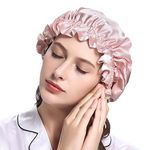 LILYSILK Pure Silk Lined Cap for Women Sleep, Double Layered, Adjustable Ribbons, Luxury Natural Silk Bonnet Cap for Sleeping Rosy Pink+Ivory