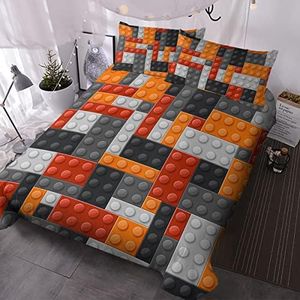 BlessLiving Boys Double Size Bedding Set Colorful Toy Duvet Cover Set 3 Piece Plastic Construction Blocks Pattern Comforter Cover Set Black Grey Orange for Teens Kids Boys Girls (Double)