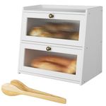 Large Bamboo Bread Box for Kitchen Counter，Double Layer Wooden Large Capacity Bread Storage Bin with Acrylic Wavy Door Panel (White)