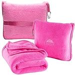 BlueHills Premium Soft Travel Blanket Pillow Airplane Blanket Packed in Soft Bag Pillowcase with Hand Luggage Belt and Backpack Clip, Compact Pack Large Blanket for Any Travel (Pink T004)