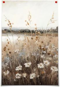 Htdsks Retro Wildflower Field Landscape Canvas Wall Art Wildness Botanical Floral Posters Farmhouse Rustic Style Print Painting French Country Nursery Bedroom Decor 16X24in Unframed