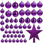 Belle Vous 50 Pack Christmas Baubles - Assorted Size Glittery Purple Baubles with Star Tree Top - Xmas Tree Ball Hanging Ornaments for Christmas Decorations Holiday Party Indoor/Outdoor Decorations