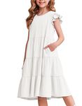 Arshiner Girl's Ruffle Trim Sleeve Casual Vintage Party Midi Flowy Dress with Pockets White 10-11 Years