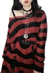 URAWESO Goth Y2K Distressed Striped Sweater Ripped Punk Gothic Long Sweaters for Women Harajuku Aesthetic Halloween Pullover Tops, Red and Black, Small-Large