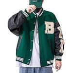 Moshtashio Mens Varsity College Jacket Baseball Bomber Jacket Vintage Sweatshirt Casual Unisex Streetwear Coats with Patch (Green, XXX-Large)