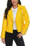 Fahsyee Faux Leather Jacket for Women, Vegan Jackets Moto Biker Motocycle Coat, Yellow, X-Large