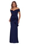 Xscape Women's Long Off Shoulder Sweetheart Neck Side Ruffle Gown (Reg and Petite), Midnight, 12