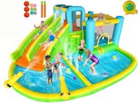 FBSPORT Inflatable Bounce House, 8 in 1 Kids Bouncy Castle with 2 Water Slides, 2 Water Gun, Basketball Shooting, Jumping and Splash Pool, Climbling, Air Bounce House for Outdoor Indoor Backyard