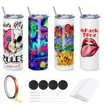 Cafultgo Set of 4 Sublimation Blanks Skinny Tumbler 20 OZ White Straight Bulk Stainless Steel Tumbler, with Lid and Straw, Shrink Wrap, Individually Boxed, Heat Resistant Tape, Blank White