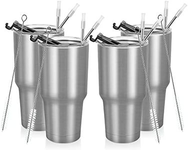 Lifecapido 4 Pack Stainless Steel Tumblers, Insulated Coffee Tumbler Cup, Double Wall Vacuum Travel Mug with Lid and Straw, Powder Coated Travel Tumbler Mug for Hot and Cold Drinks (Silver, 30 oz)